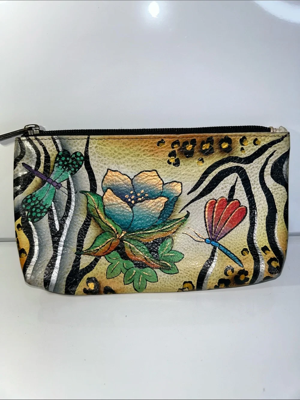 Anuschka Genuine Hand Painted Leather Floral Theme Zipper Pouch