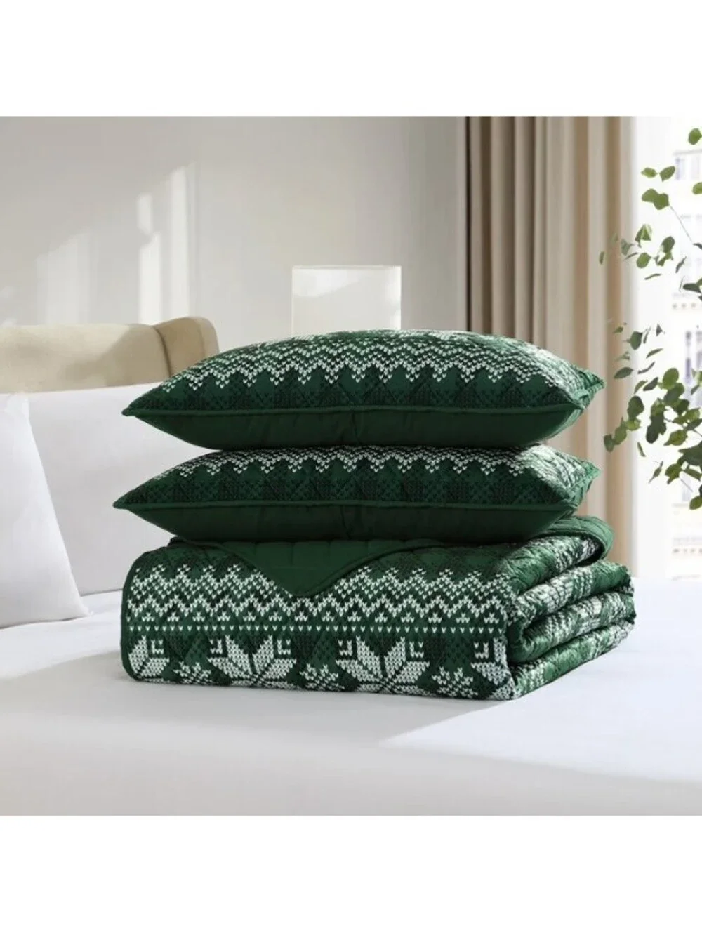 Lenox 3-Piece Quilt Set Snowflake Green KING SIZE
