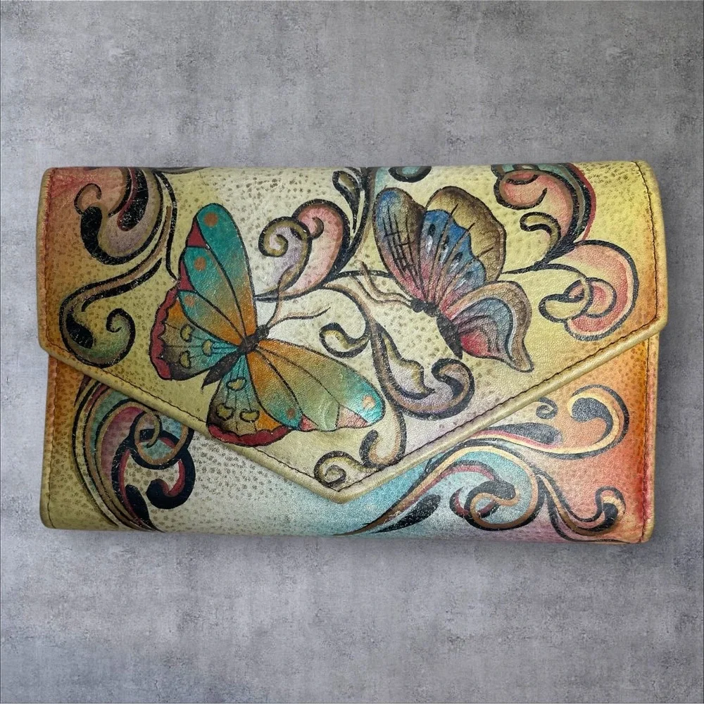 Anuschka Hand Painted Leather Envelope Flap Organizer Wallet Butterflies Floral