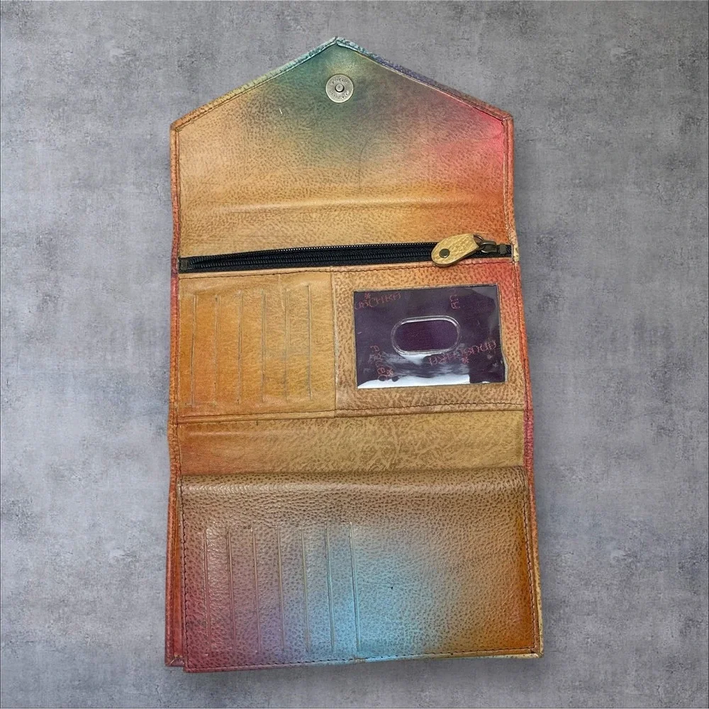 Anuschka Hand Painted Leather Envelope Flap Organizer Wallet Butterflies Floral