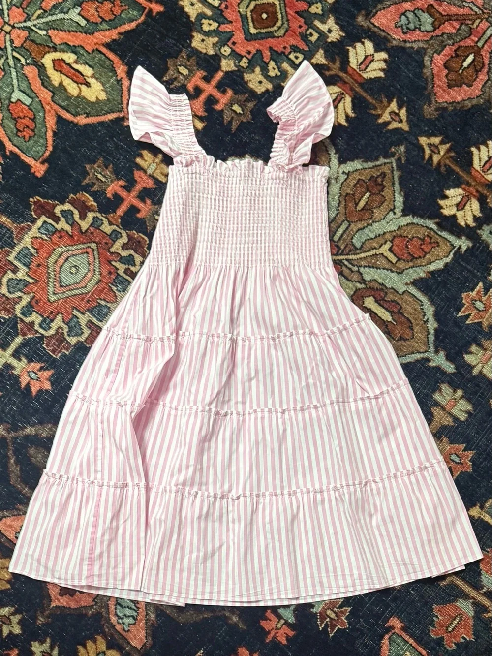 Hill House Home Girls' Pink Striped Smocked Nap Dress with Ruffle Straps