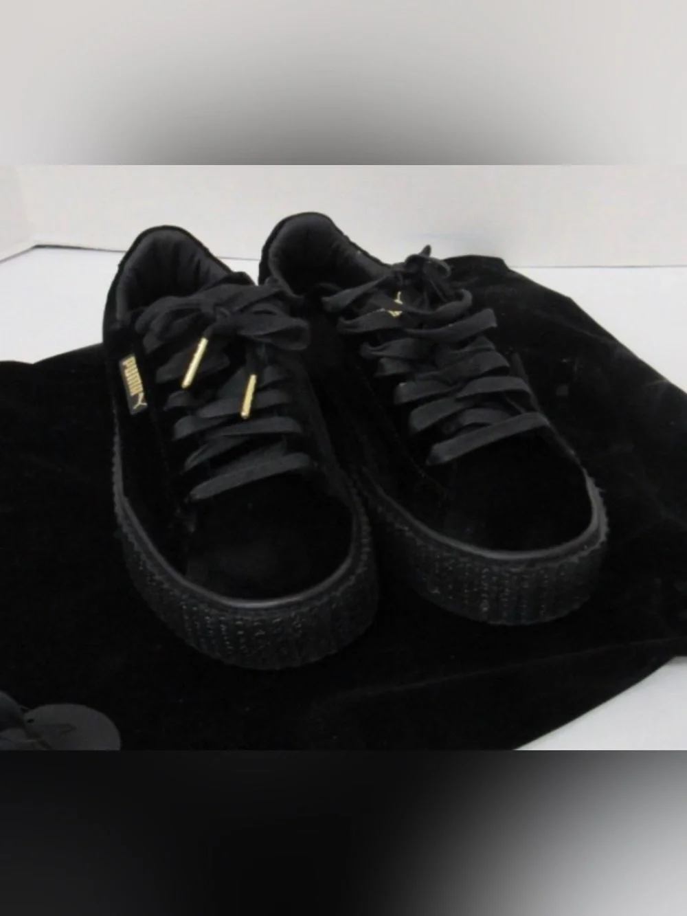 Rihanna Men’s Black Velvet Platform Sneakers with Gold Accents