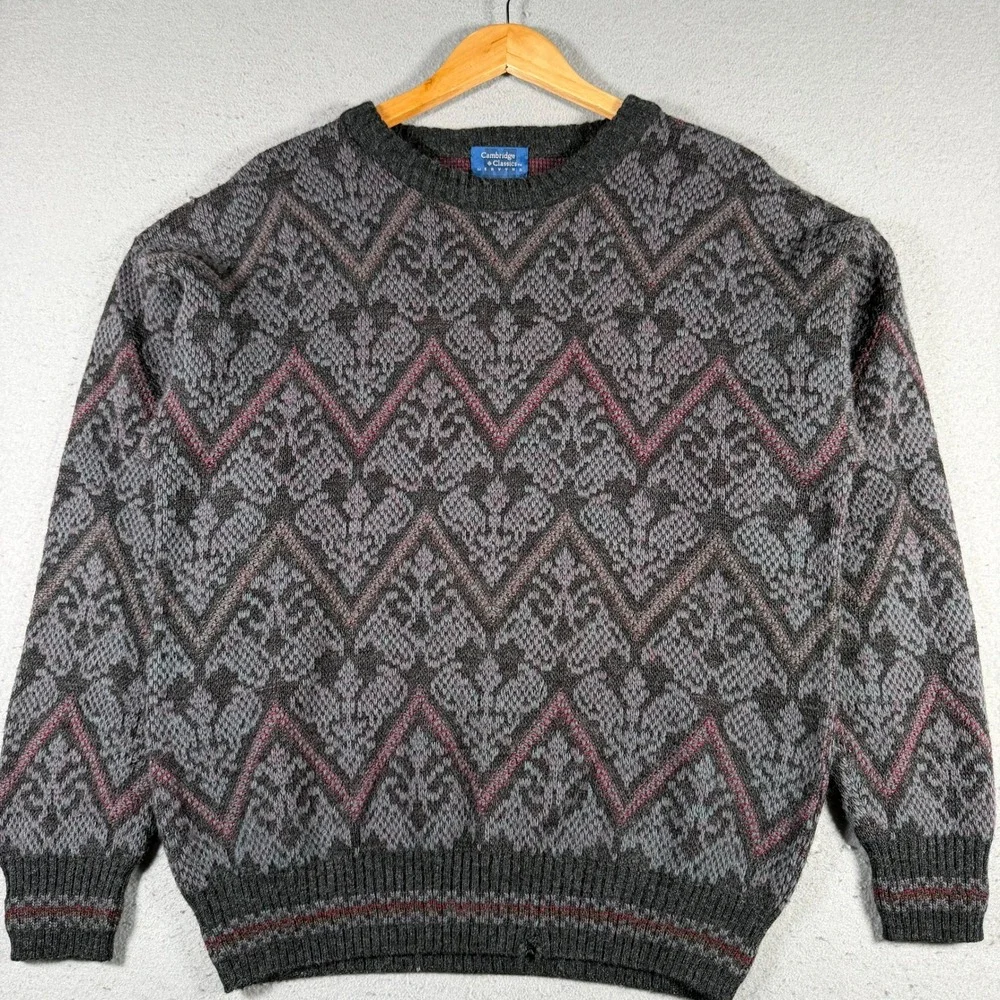 Cambridge Classics Men Large Vintage 90s Geometric Wool Blend Sweater Gray Italy