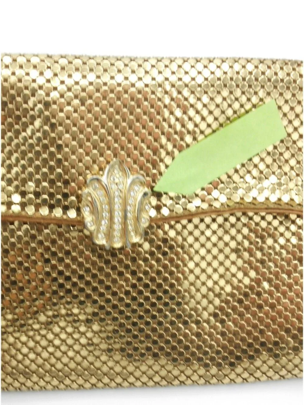 Vintage Whiting and Davis Gold Metal Mesh Rhinestone Clasp Clutch Purse FLAWS