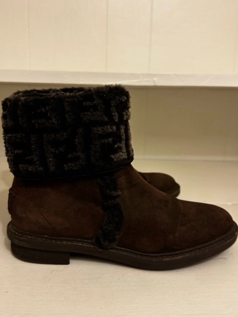 Fendi Zucca FF Logo Shearling Cuff Suede Ankle Boots Brown IT 36.5 US 5.5