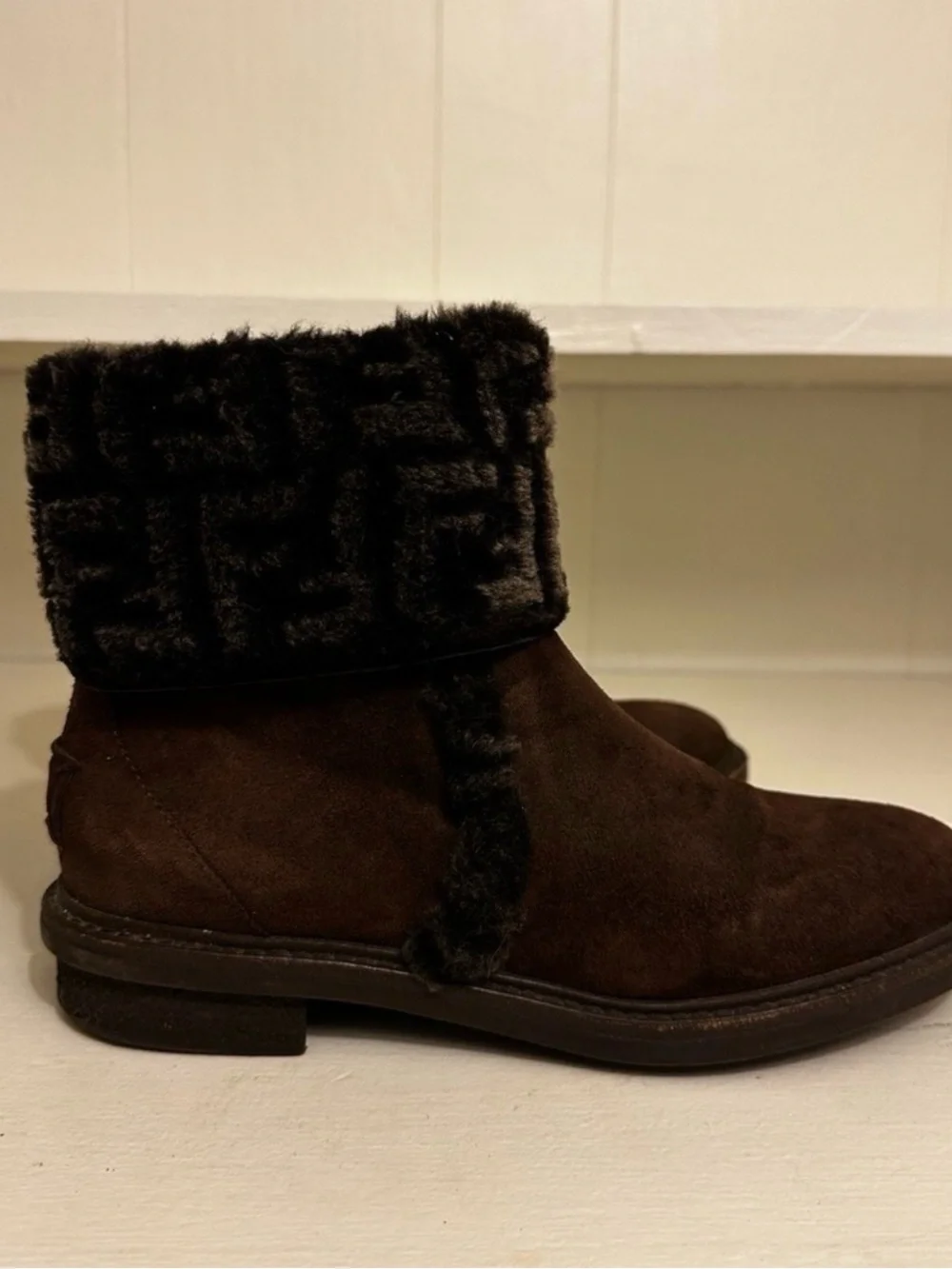 Fendi Zucca FF Logo Shearling Cuff Suede Ankle Boots Brown IT 36.5 US 5.5