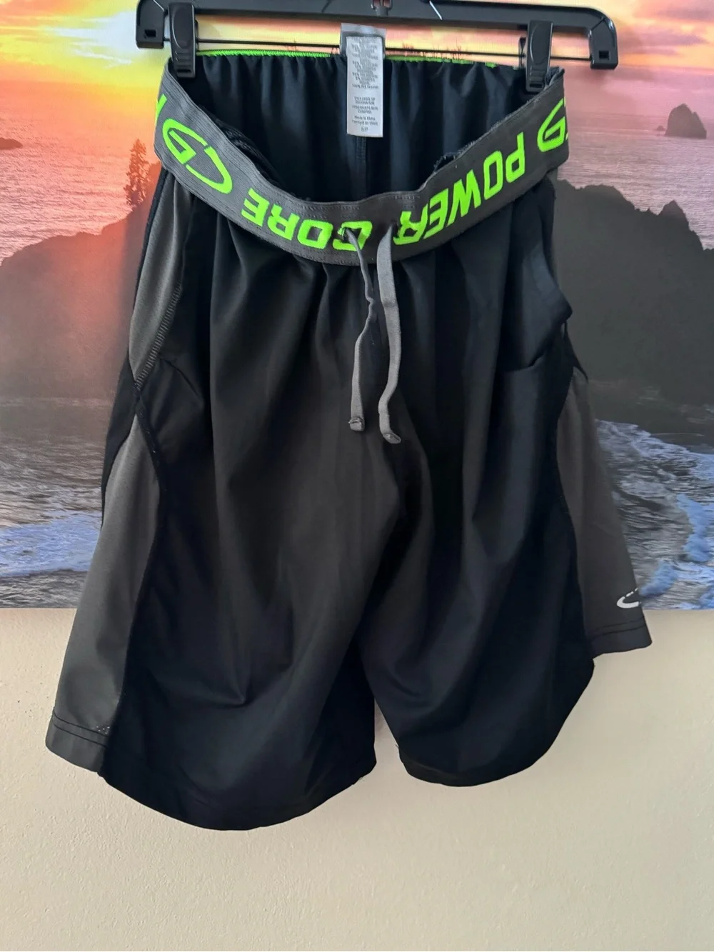 Champion Men's Black Athletic Shorts with Neon Green Waistband/ S