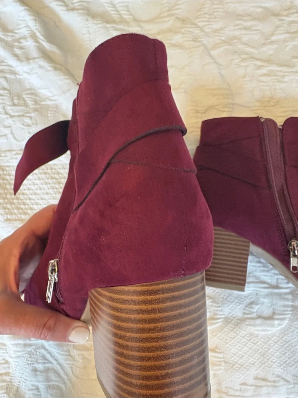 MIA Burgundy Suede Ankle Booties with Wrap Strap and Block Heel