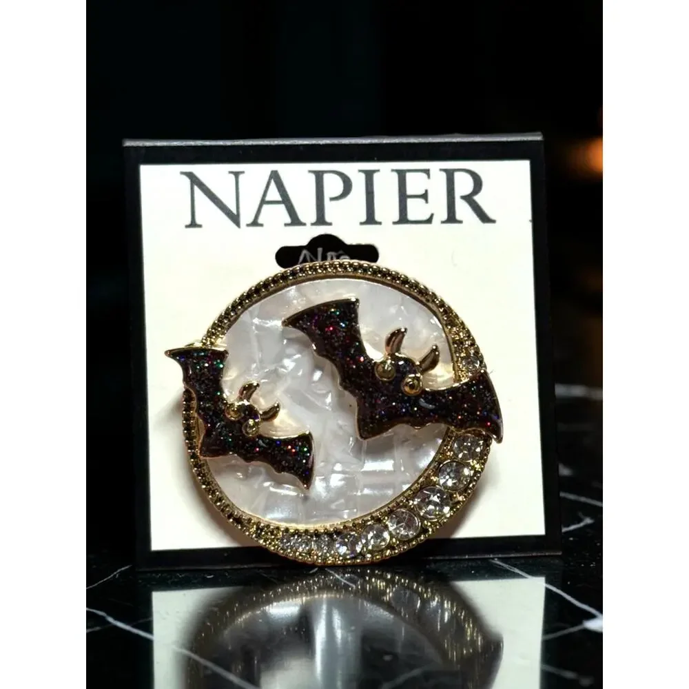 NAPIER Bat Halloween Brooch Rhinestone Black Gold Tone Rhinestone New on Card
