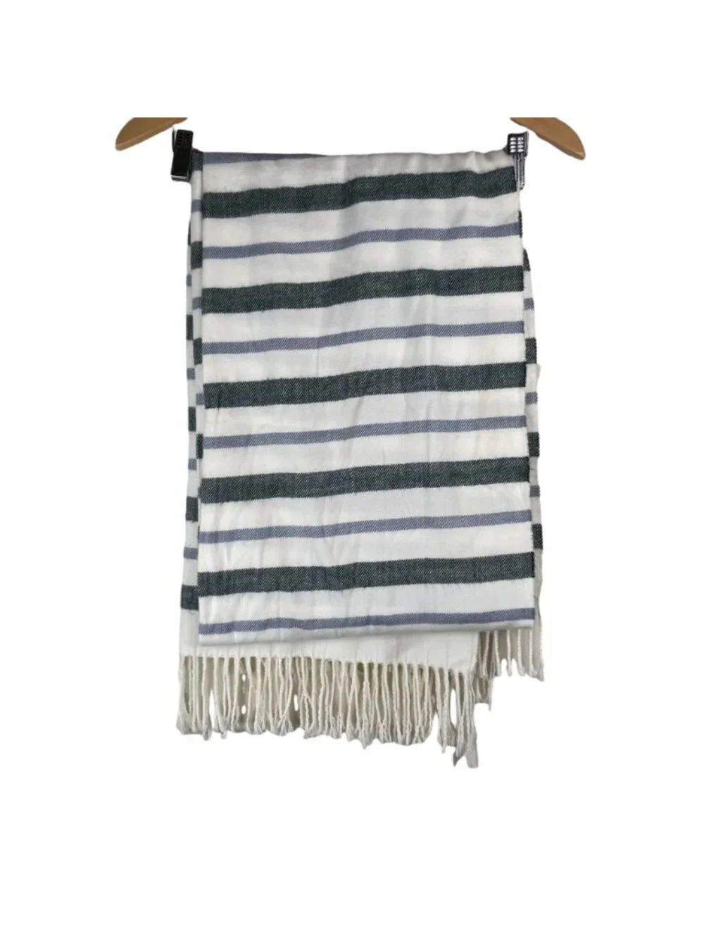 Striped Fringe Blanket Scarf One Size Wrap Soft Cozy Oversized White Blue Winter