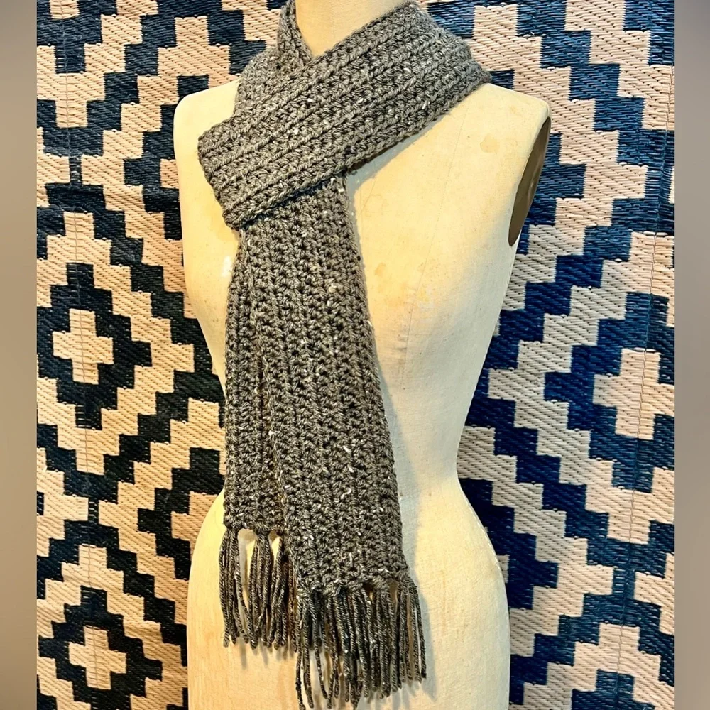 Handmade long crochet knit scarf earthy outdoorsy brown‎ skinny 4” wide fringe