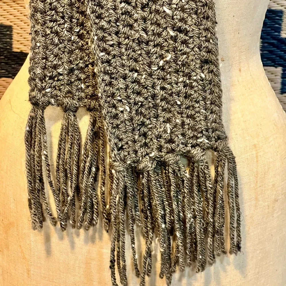 Handmade long crochet knit scarf earthy outdoorsy brown‎ skinny 4” wide fringe