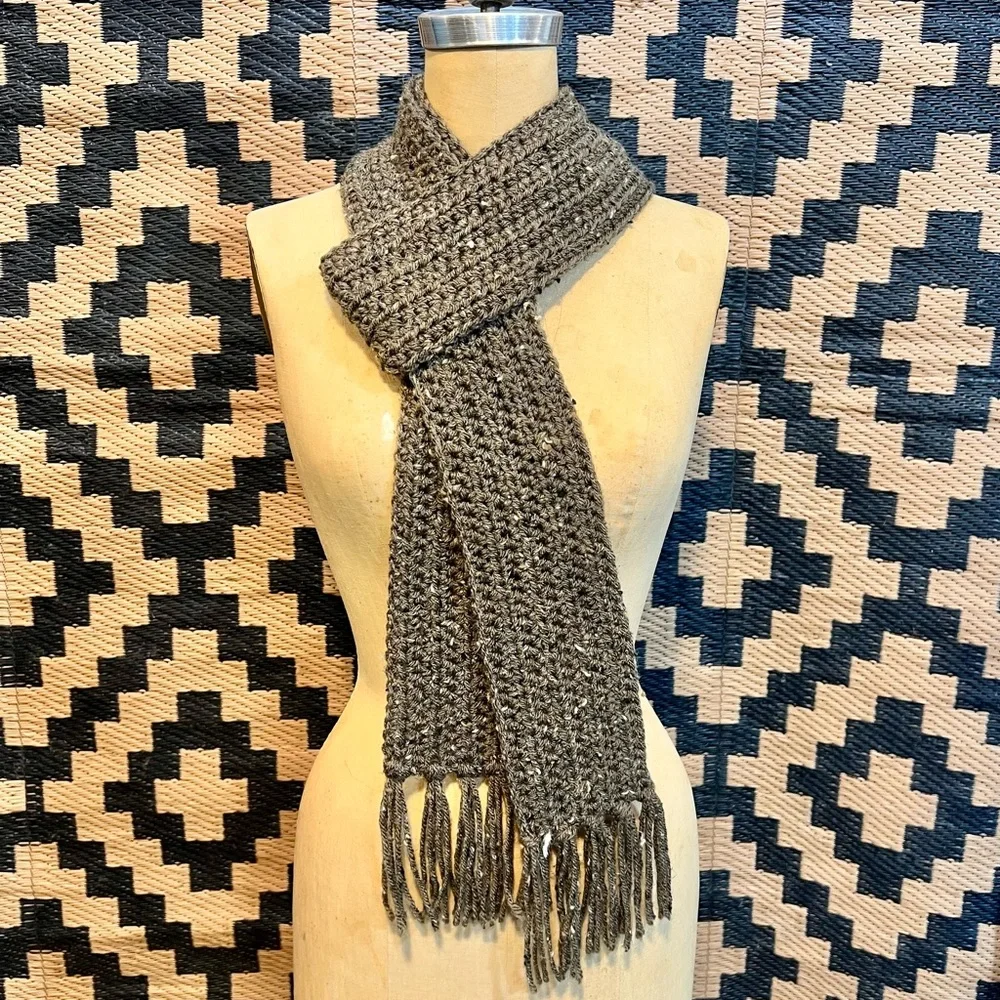 Handmade long crochet knit scarf earthy outdoorsy brown‎ skinny 4” wide fringe