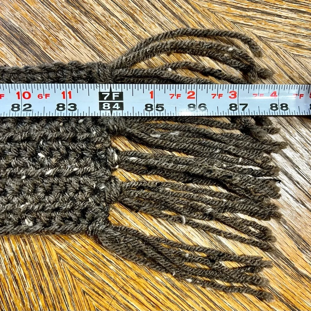 Handmade long crochet knit scarf earthy outdoorsy brown‎ skinny 4” wide fringe