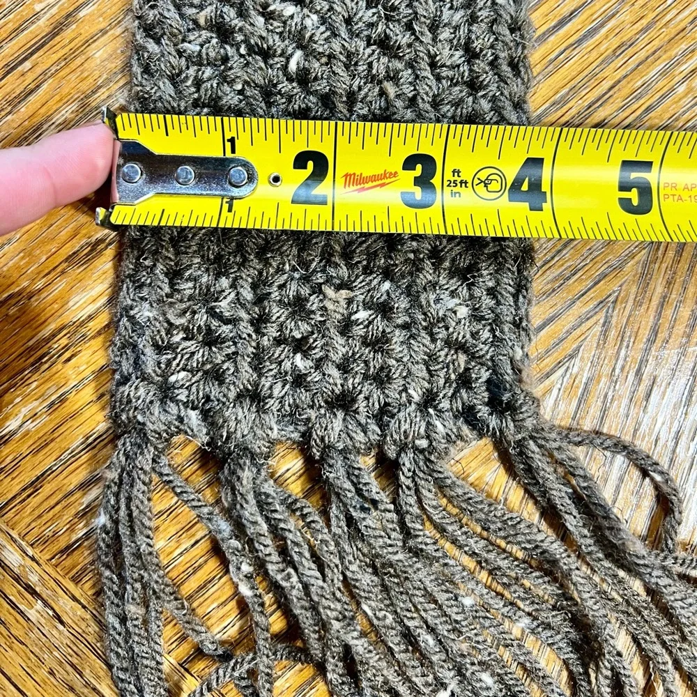 Handmade long crochet knit scarf earthy outdoorsy brown‎ skinny 4” wide fringe