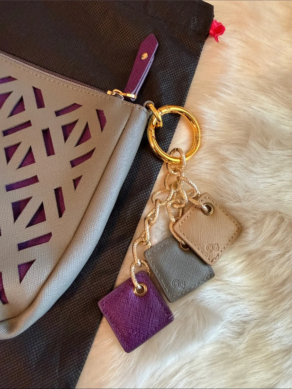 Claudia G Gray & Purple Cutout Leather Wristlet Pouch & Key Tag