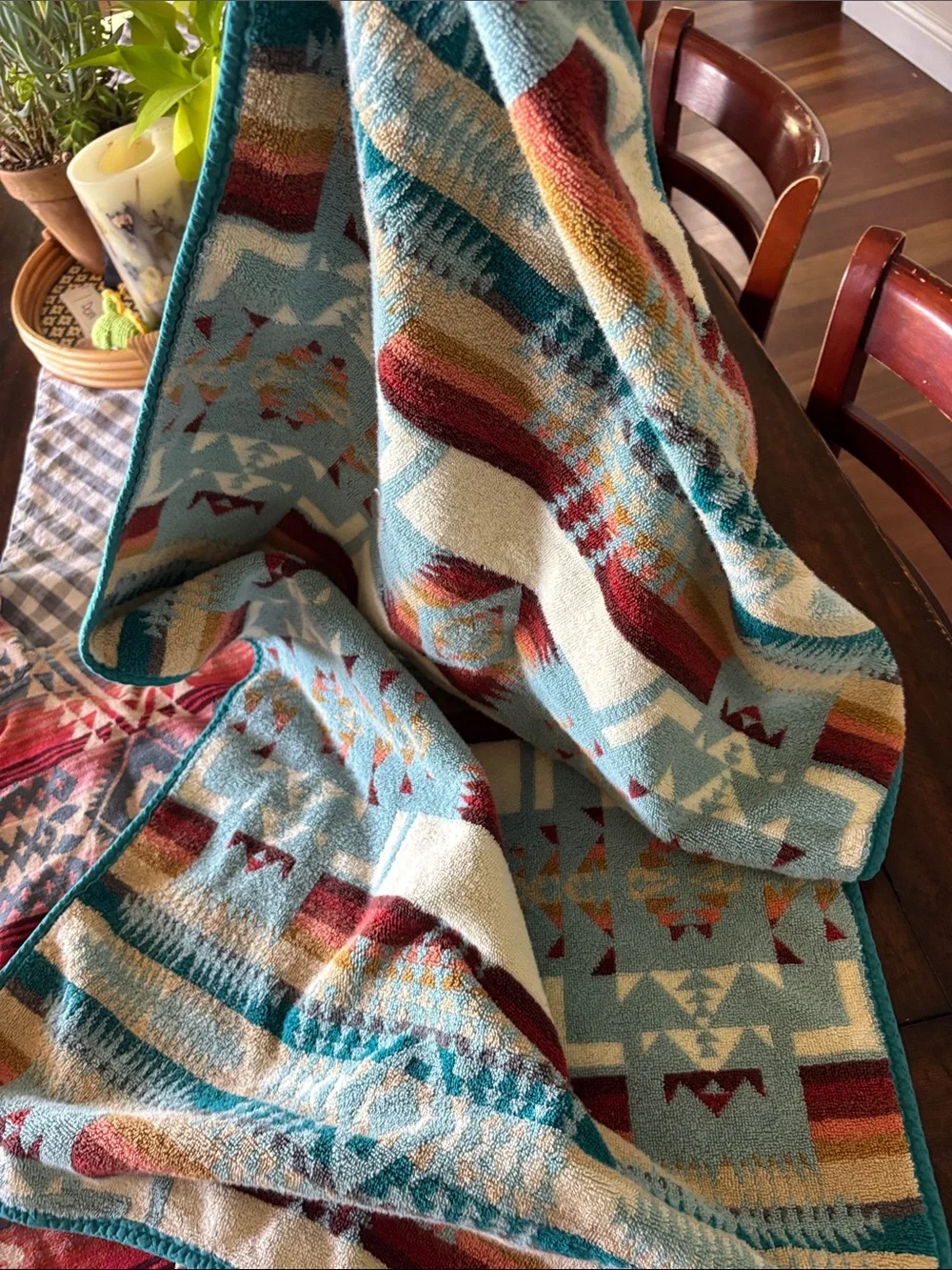 Kids Hooded Poncho Towels - Aqua Tribal Print
