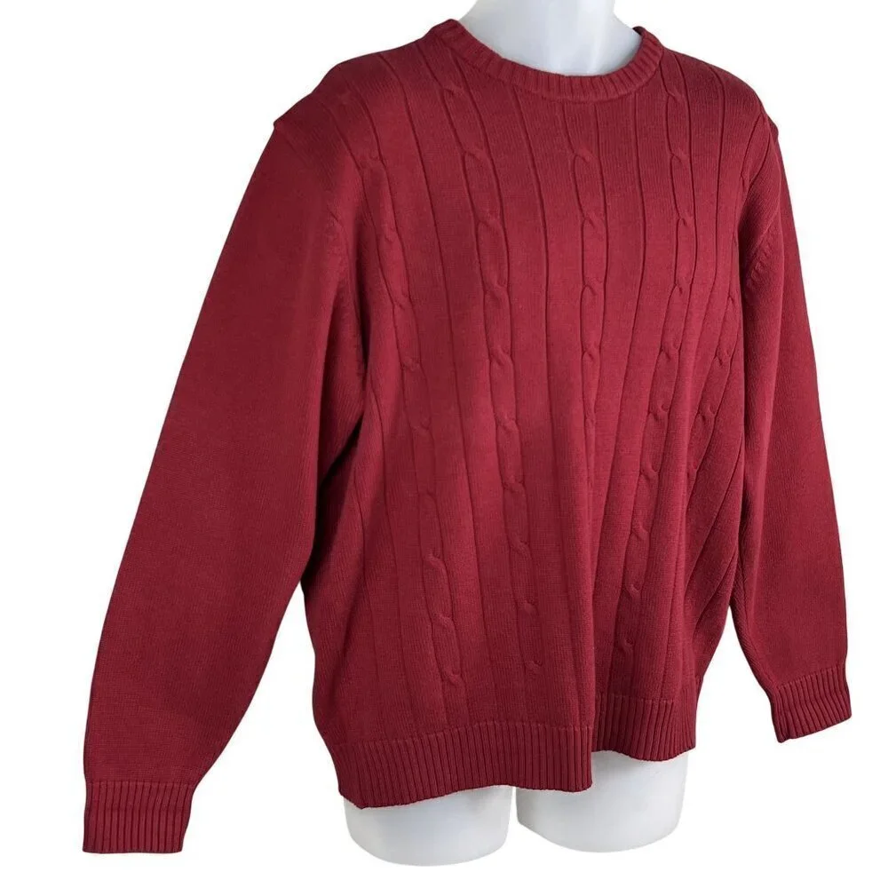 Oscar De La Renta Mens XL Red Cotton Cable Knit Crewneck Sweater Academia Preppy