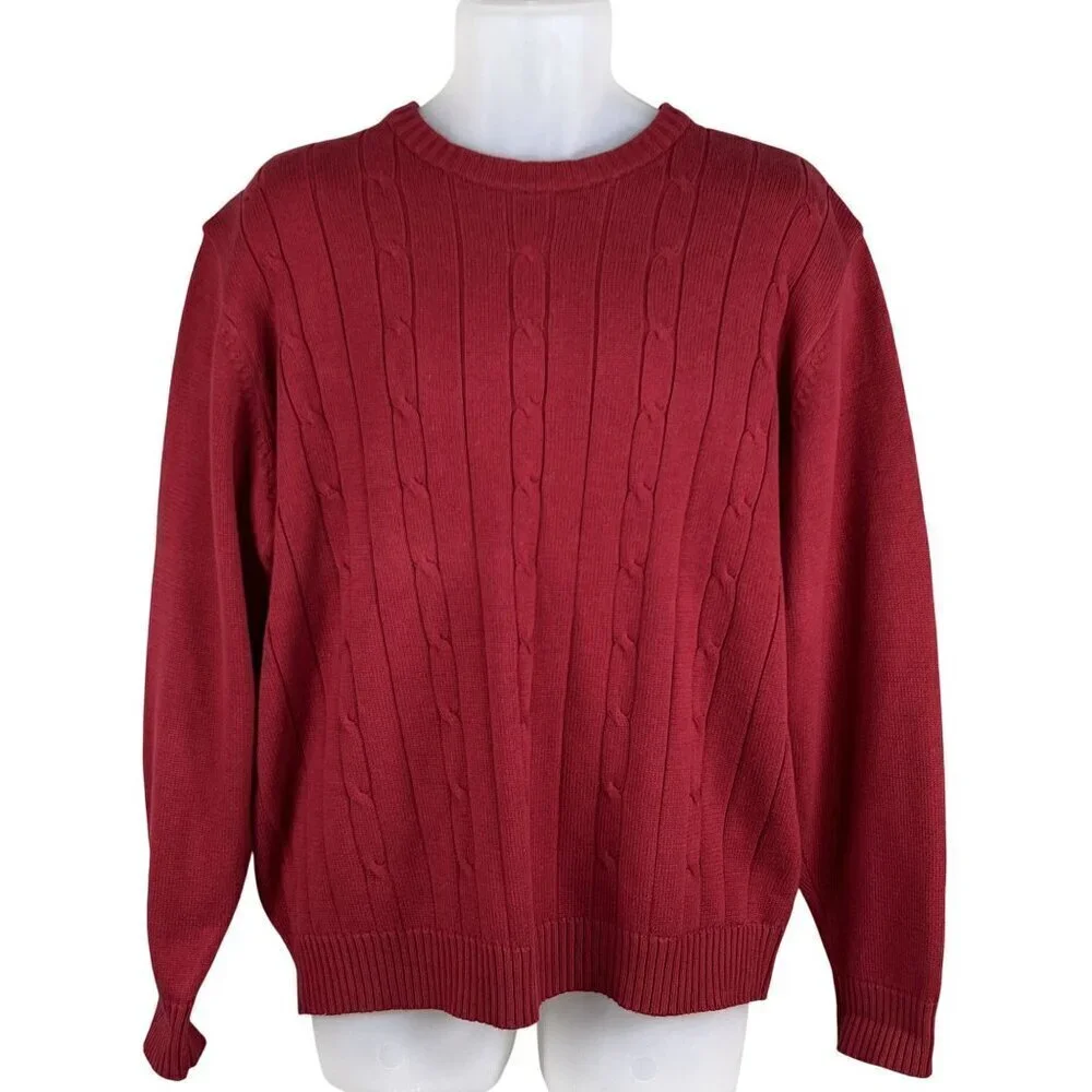 Oscar De La Renta Mens XL Red Cotton Cable Knit Crewneck Sweater Academia Preppy