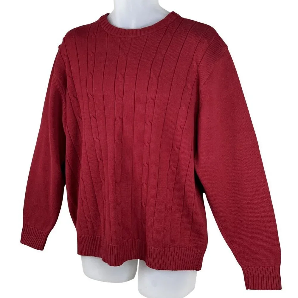 Oscar De La Renta Mens XL Red Cotton Cable Knit Crewneck Sweater Academia Preppy