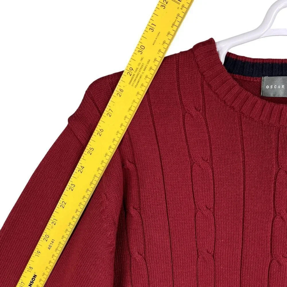 Oscar De La Renta Mens XL Red Cotton Cable Knit Crewneck Sweater Academia Preppy