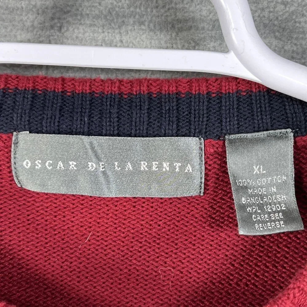 Oscar De La Renta Mens XL Red Cotton Cable Knit Crewneck Sweater Academia Preppy
