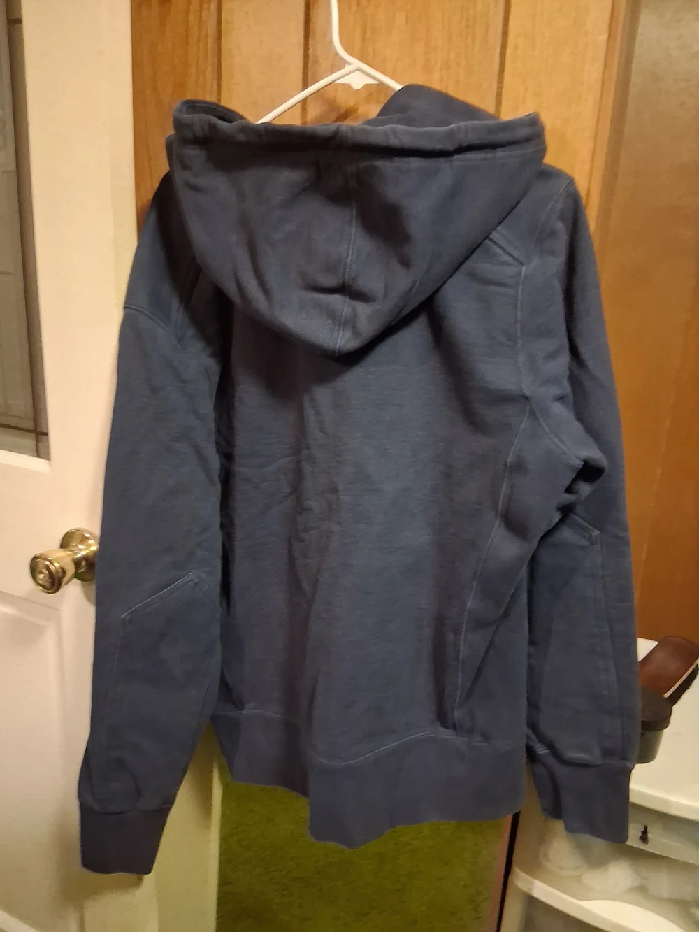 American Giant Navy Zip Hoodie with Purple Drawstrings