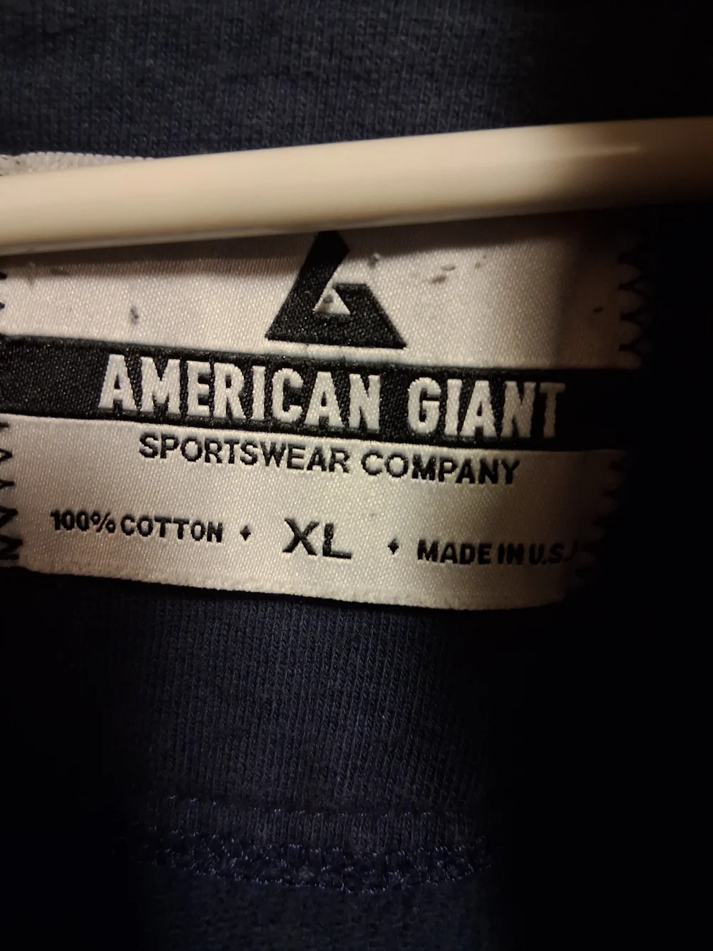 American Giant Navy Zip Hoodie with Purple Drawstrings