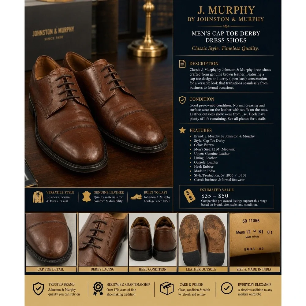 J. Murphy by Johnston & Murphy Men's 12 Brown Leather Cap Toe Derby Dress Shoes