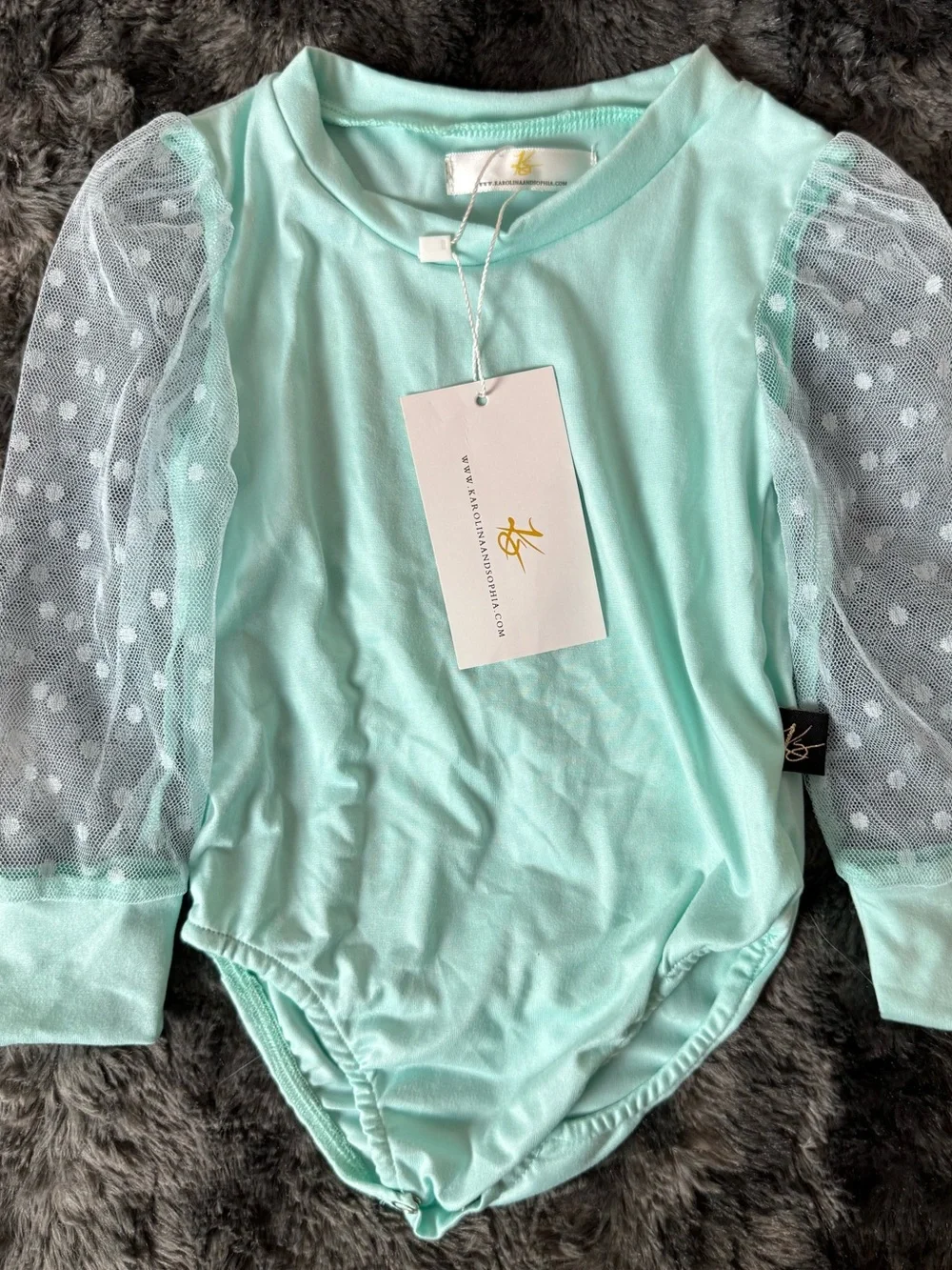 Kids One-Piece Bodysuit with Sheer Polka Dot Sleeves - Mint