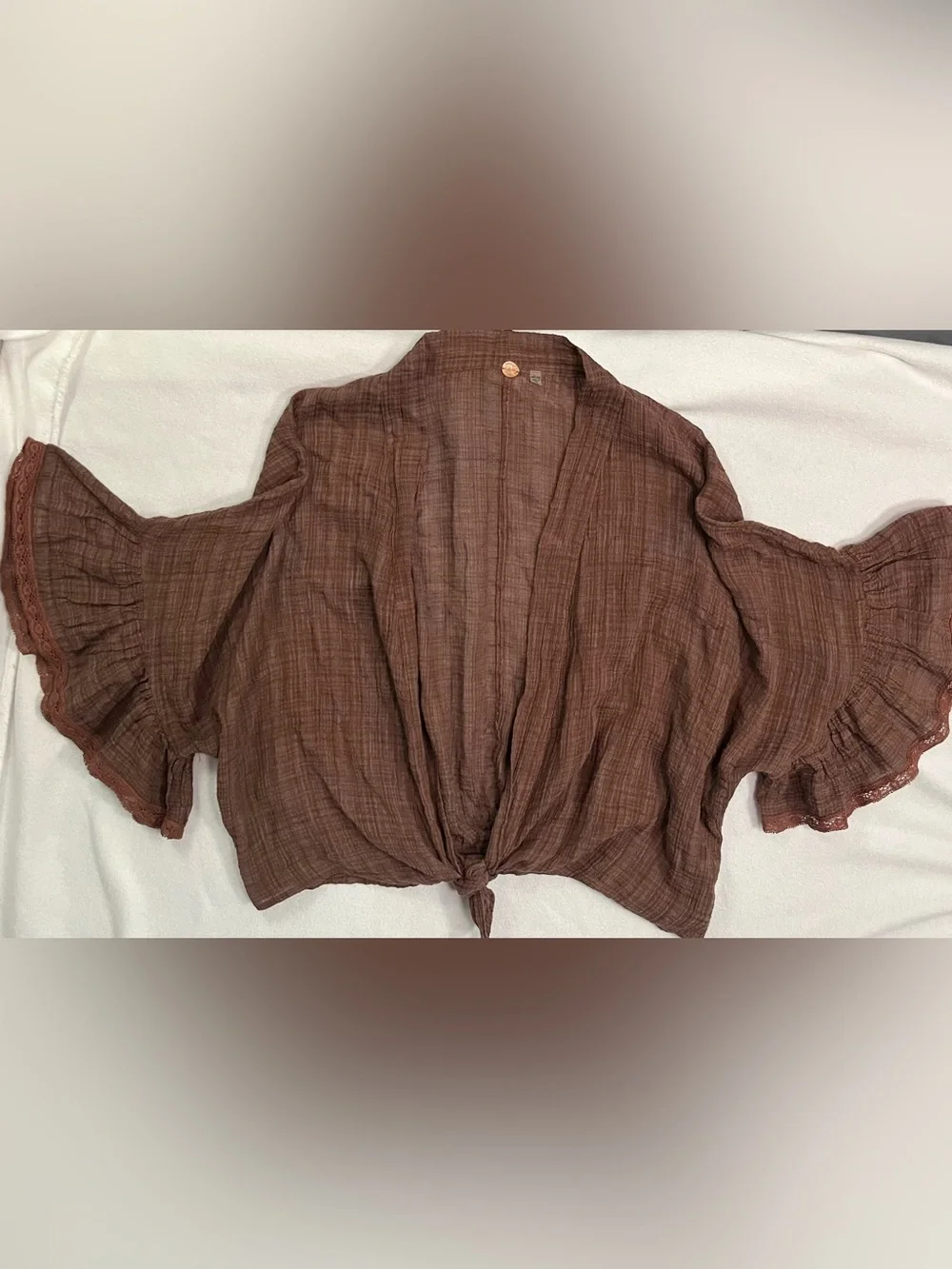 Free People One Poppy Rosewood Tie-Front Gauze Kimono Flutter Sleeve Top Med/Lg
