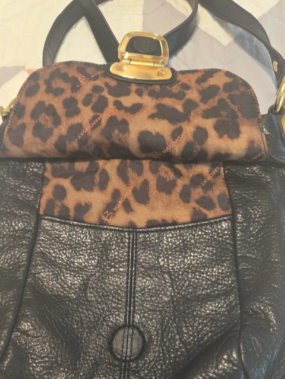b. makowsky Black Pebbled Leather Shoulder Bag with Gold Hardware