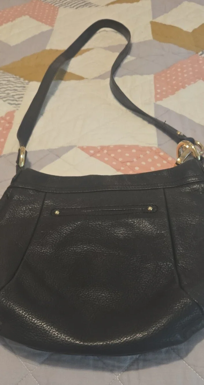 b. makowsky Black Pebbled Leather Shoulder Bag with Gold Hardware