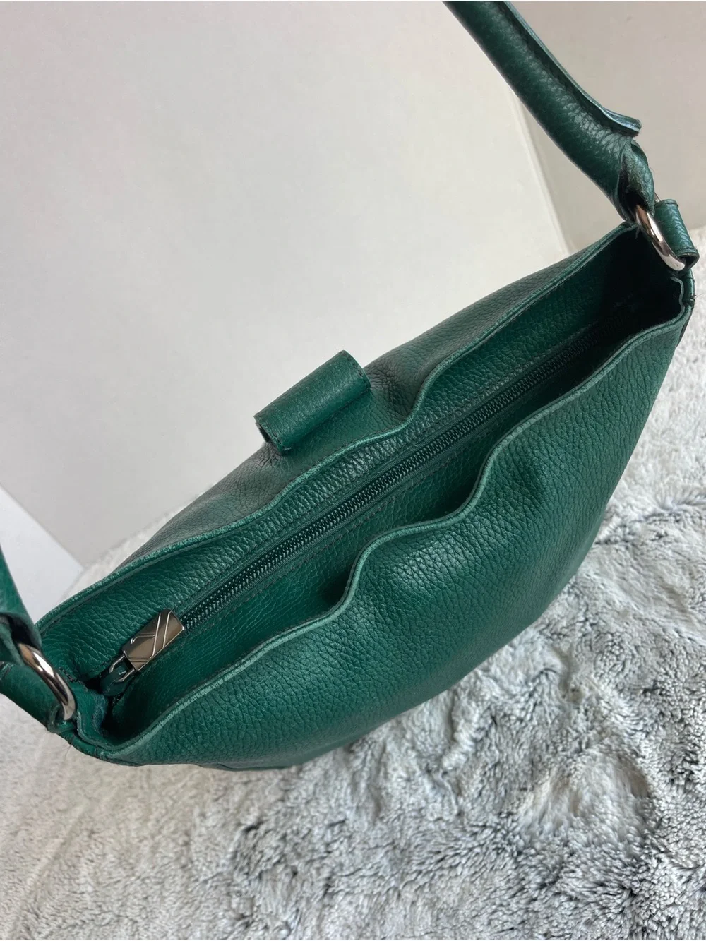 Furla Deep Green Leather Chrome Accent Satchel Women’s Bag
