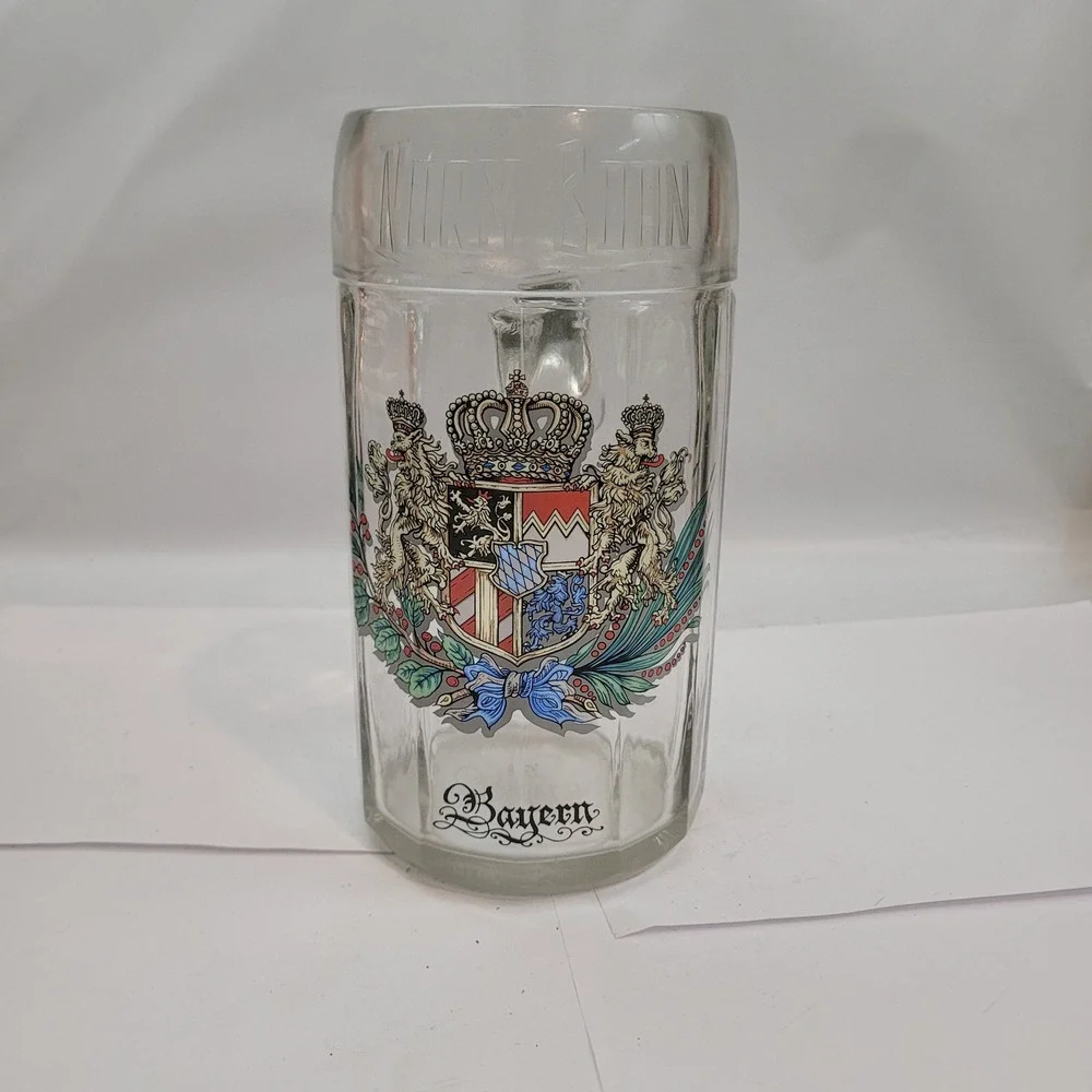 Bayern Beer Stein Mug Clear Glass München Coat of Arms Crest 0.5L