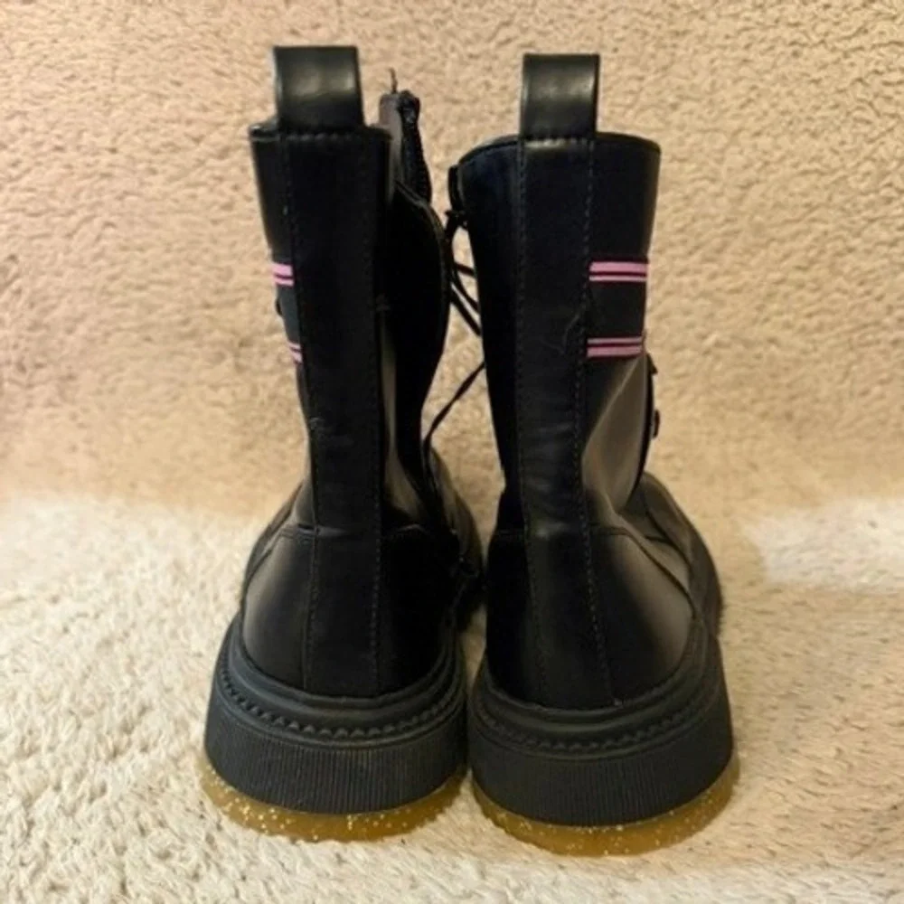 DKNY Combat Boots Kids Girls Size 3 Black Pink Logo Strap DKN1340-1FF NEW