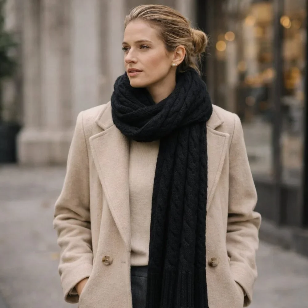 Soia & Kyo Black Cable Knit Wool Blend Scarf Wrap – One Size
