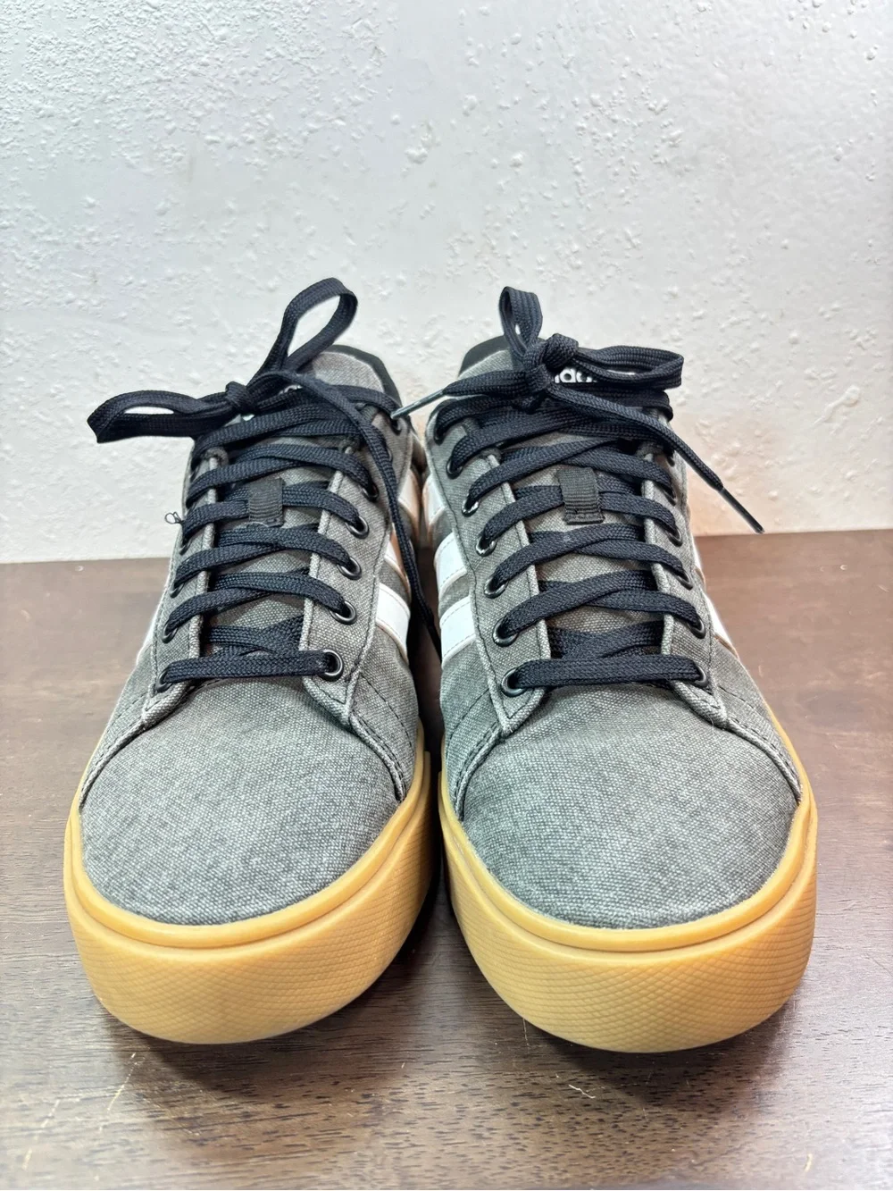 Adidas Men’s Gray Canvas Sneakers with White Stripes and Gum Sole