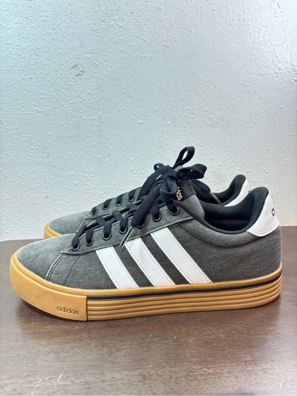 Adidas Men’s Gray Canvas Sneakers with White Stripes and Gum Sole