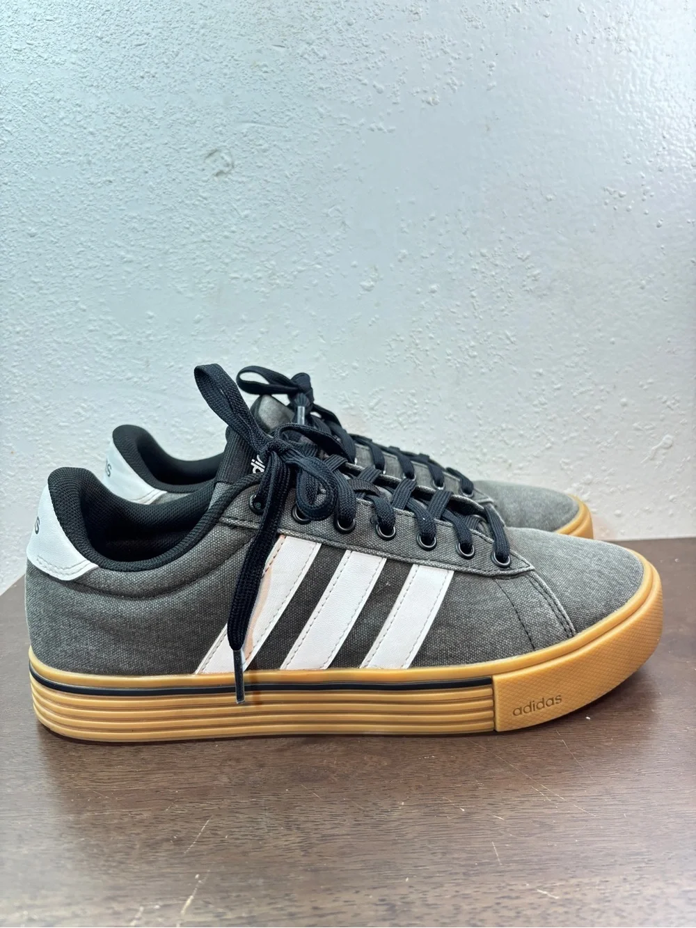Adidas Men’s Gray Canvas Sneakers with White Stripes and Gum Sole