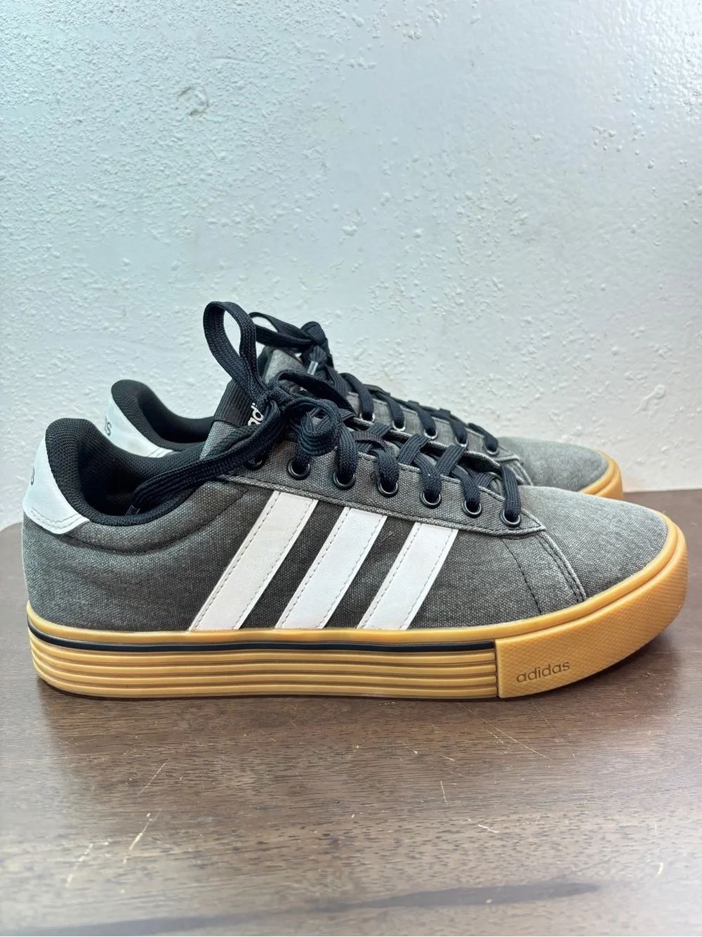 Adidas Men’s Gray Canvas Sneakers with White Stripes and Gum Sole