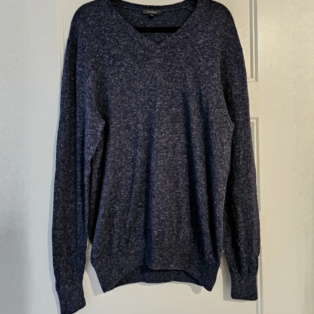 V-Neck Sweater in Blue and White with Knit Texture