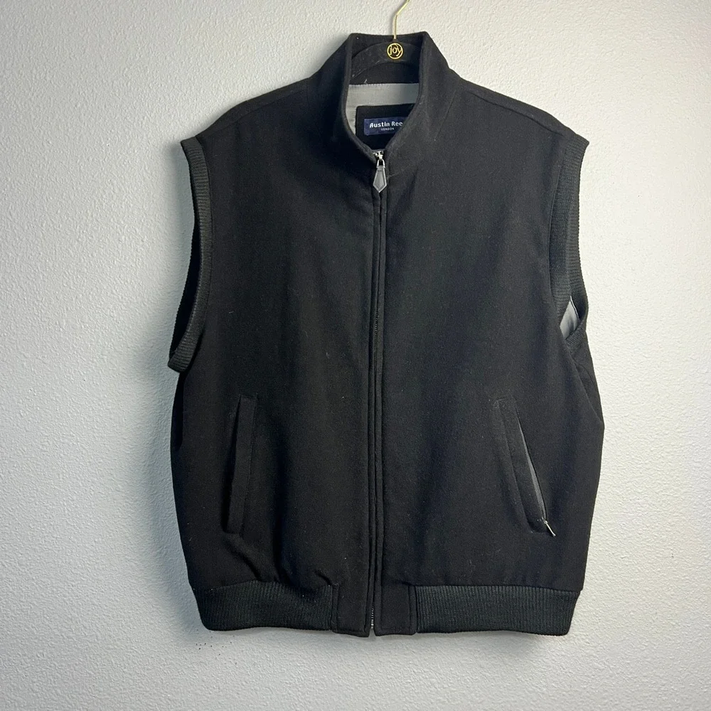 Austin Reed London Mens Large Black Wool Cashmere Full Zip Bomber Vest Mock Neck