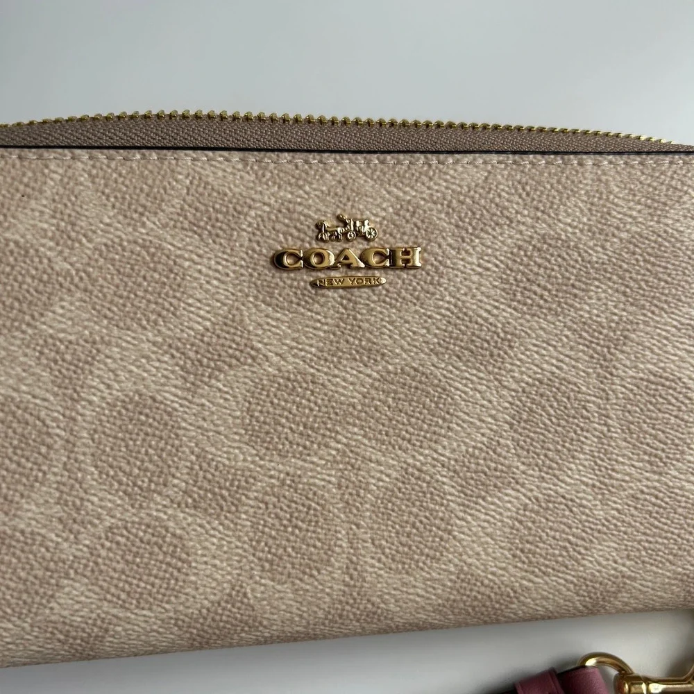 Coach Long Zip Around Wallet Khaki Berry Signature Canvas C4452