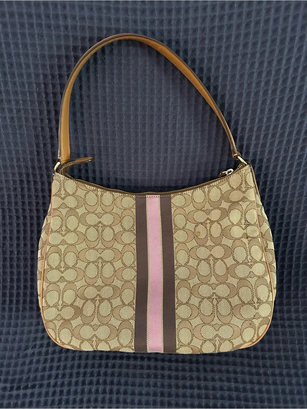 Coach Signature Canvas Shoulder Bag with Pink and Brown Center Stripe & Wallet