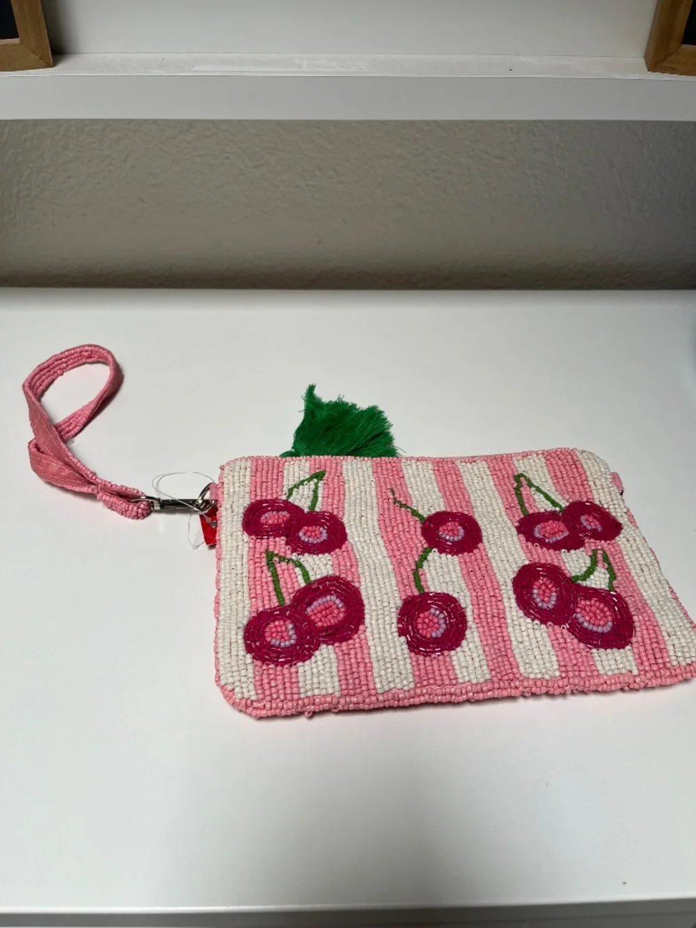 Kelly & Katie Beaded Cherry Wristlet Crossbody Bag – Pink & White