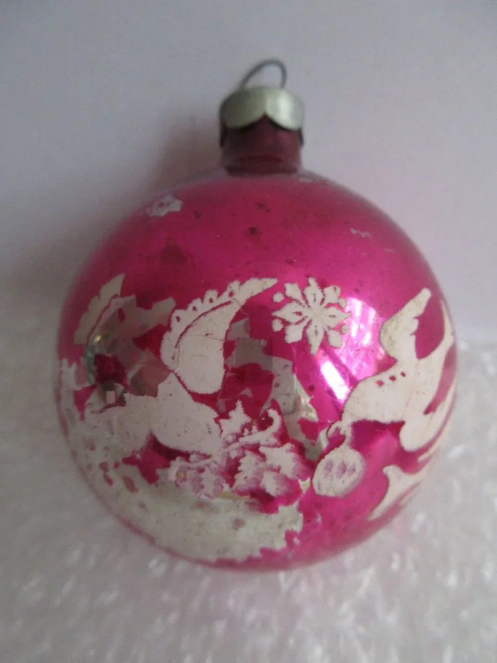 Dove Stencil Glass Christmas Ornament Lot of 2 Pink Fuschia Vtg Franke Corning?