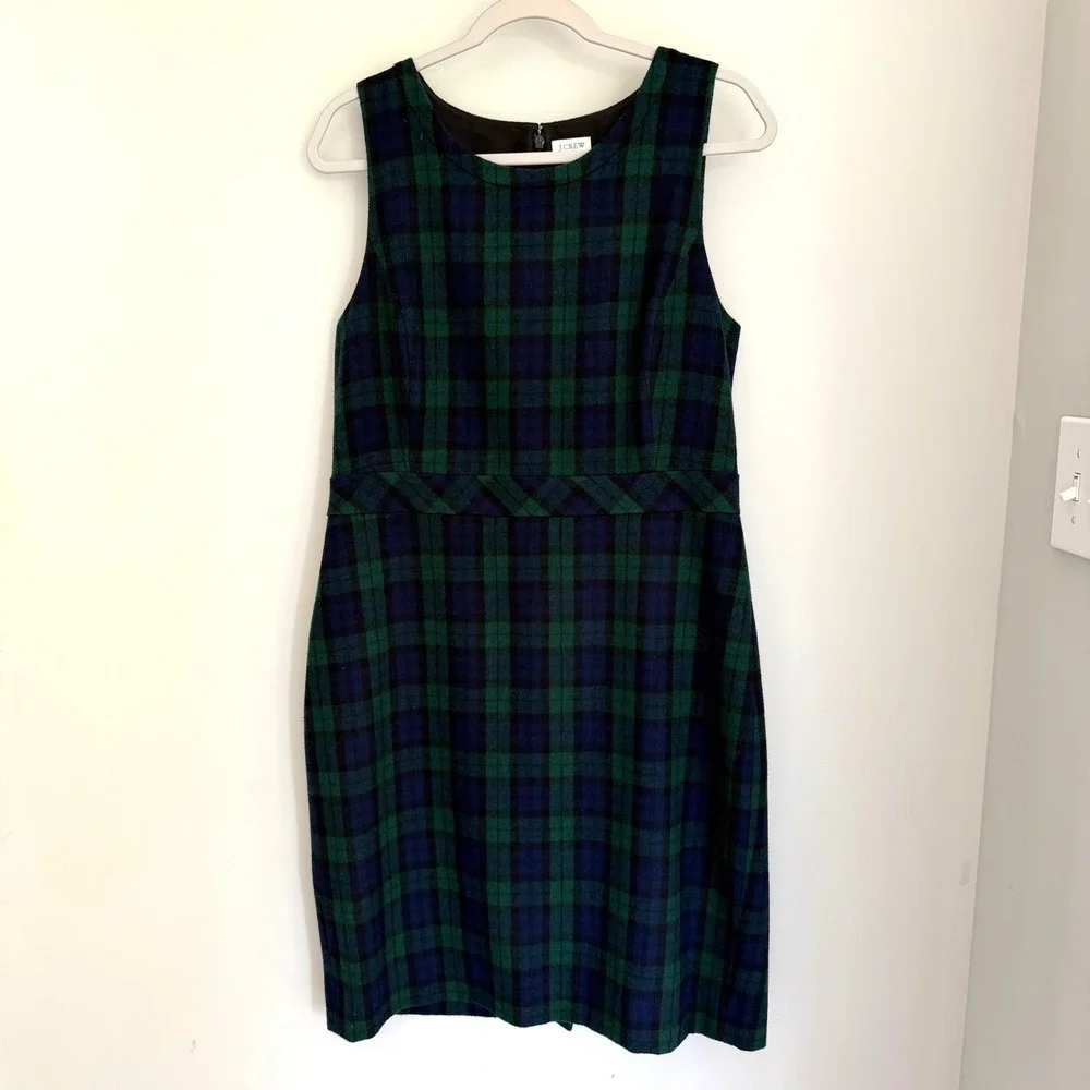 J. Crew Sheath Dress Wool Blend Green Blue Tartan Plaid Academia Preppy Size 12