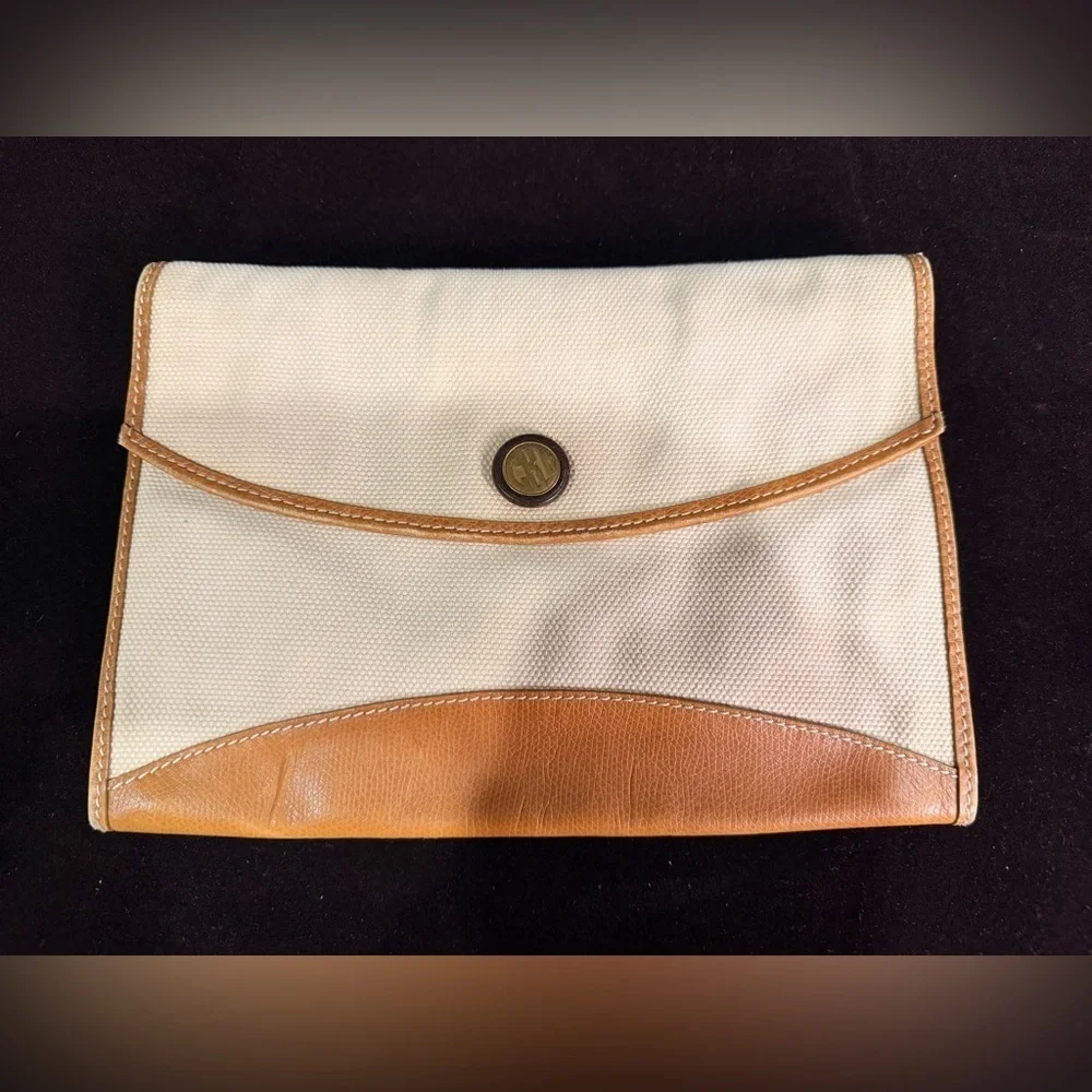 Vintage GBD Leather and Canvas Clutch Bag with Monogram Button