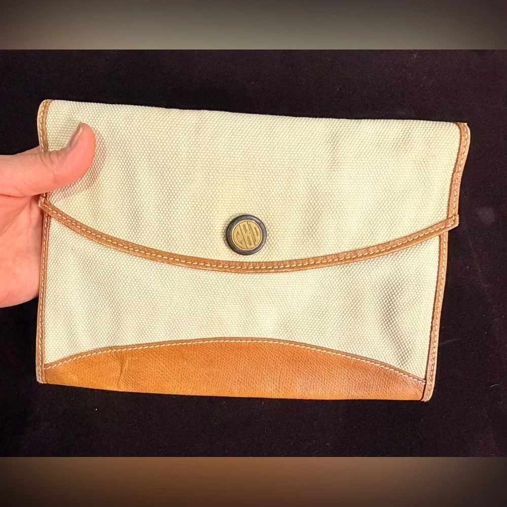 Vintage GBD Leather and Canvas Clutch Bag with Monogram Button